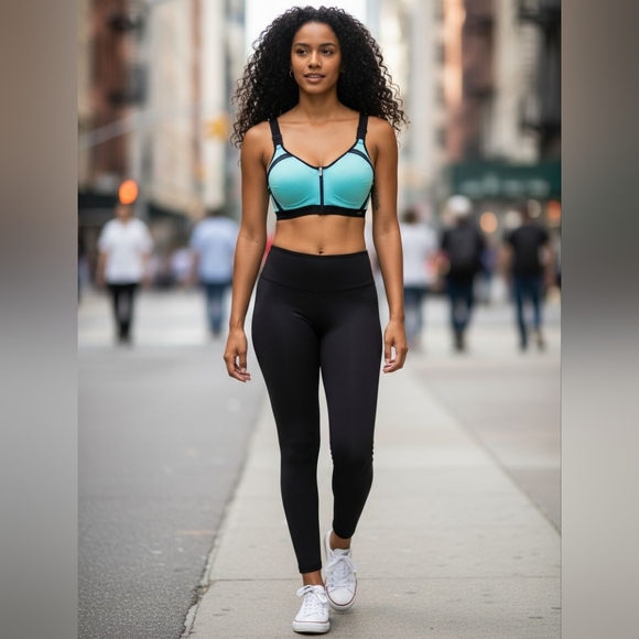 VSX Teal and Black Sports Bra with Zipper - Picture 2 of 9